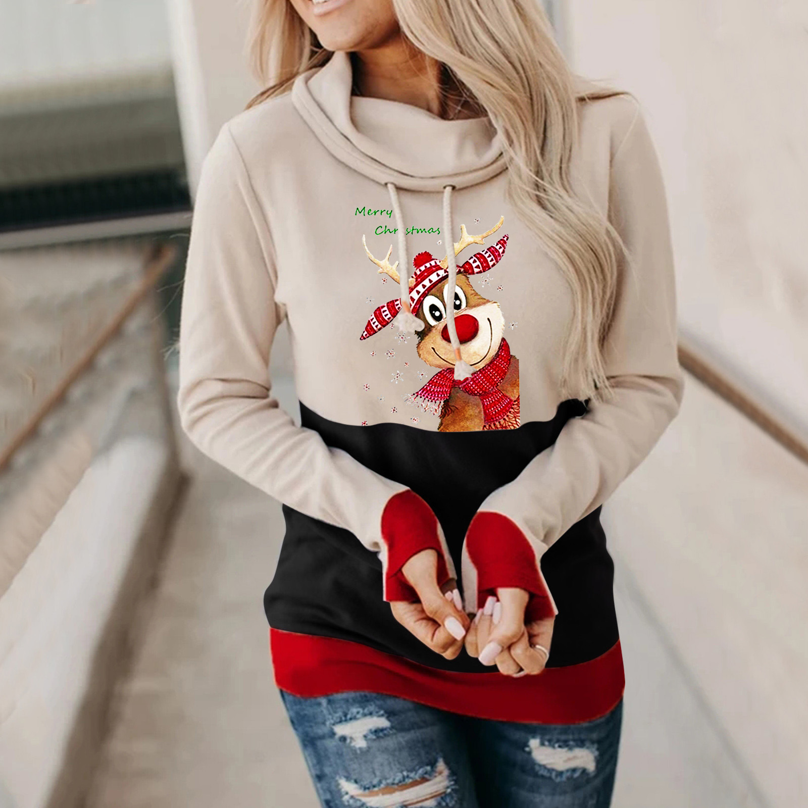 

Christmas Elk Print Women's Hoodie Ladies Comfortable Loose Party Holiday Show Long Sleeve, Black