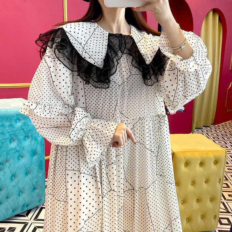 

Korean Design Lace Peter Pan Collar Wavelet Dot Print Loose All Match Flare Sleeve Dresses Women 210615, Black
