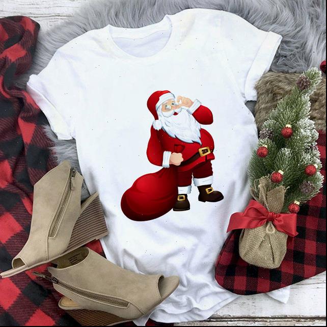 

christmas reindeer printed santa claus women harajuku kawaii short sleeve tee female, White