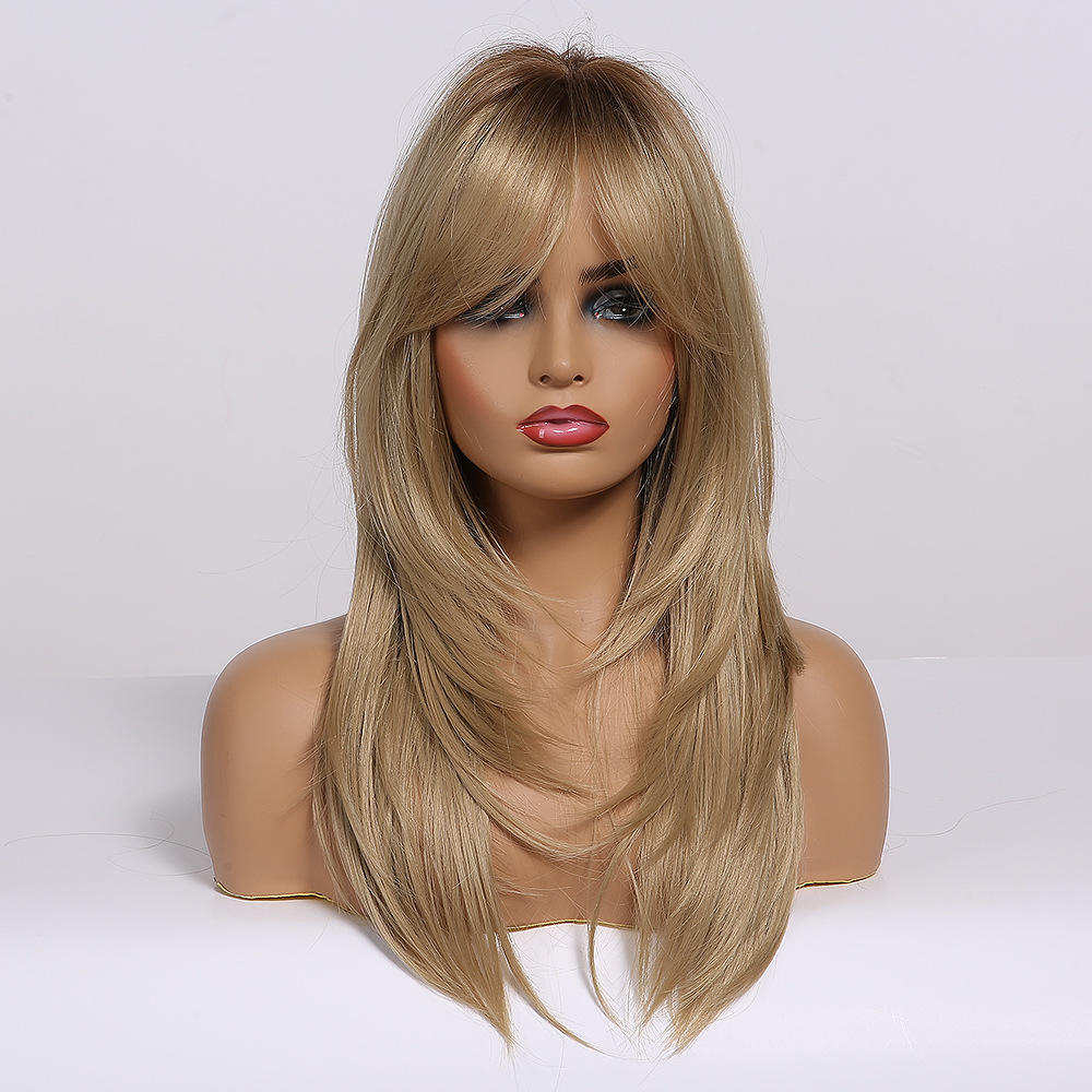 Costume Accessories EASIHAIR Brown to Blonde Ombre Women Wig with Bangs Medium Length Synthetic Wigs Layered Natural Hair Wig Cosplay Heat R-image-751020011