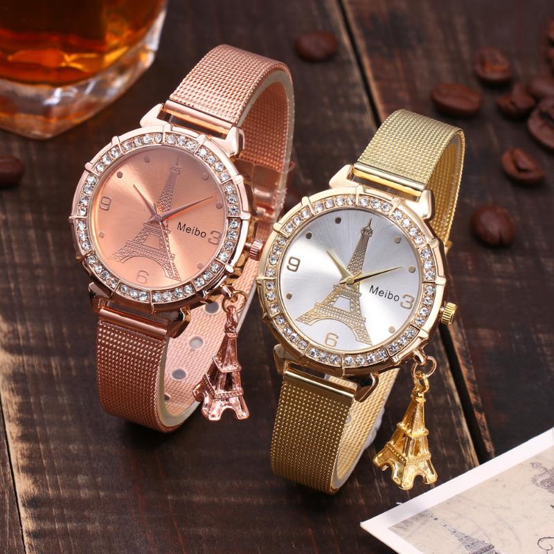 

Fashion Eiffel Tower Ladies Watch Exquisite Stainless Steel Women Watches Casual Rhinestone Female Quartz Wrist Zegarek Wristwatches, Gold