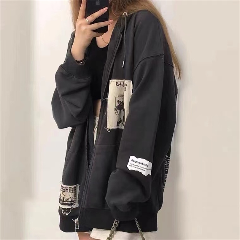 

HOUZHOU Vintage Patch Designs Oversized Hoodie Women Y2K Streetwear Autumn Korean Fashion Punk Zip Up Hoodies Couple Casual Tops 211130, Black
