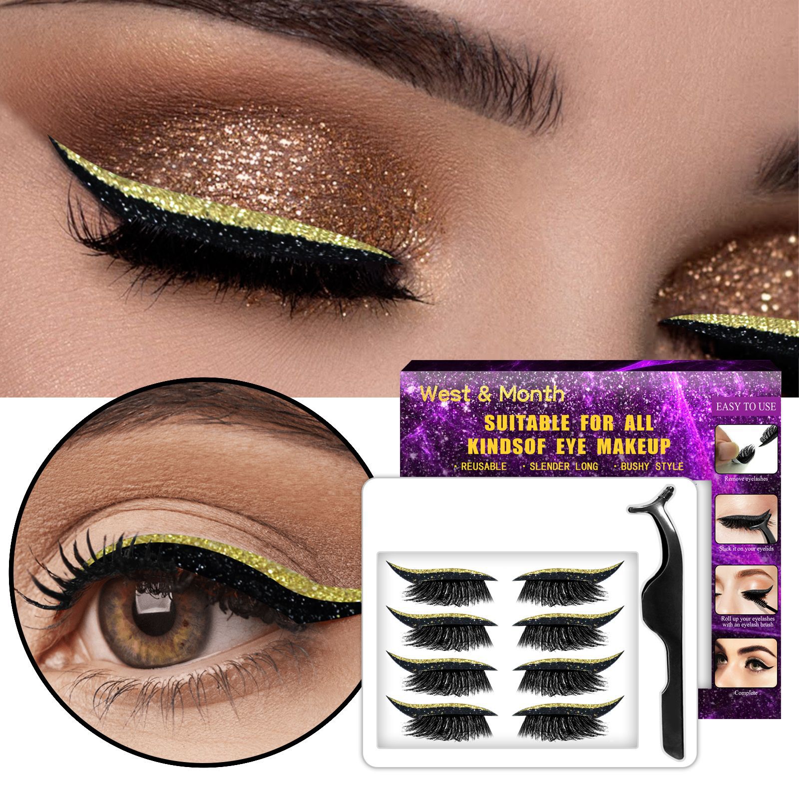 

4Pairs Per Pack Glue-Free Reusable Self-Adhesive False Eyelash Makeup Tool Eyeliner Stickers Eyelid Strip Natural Curly Fake Eye Lashes