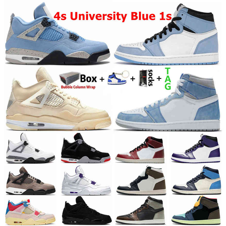 

Travis Scotts University Blue 1 1s Hype Royal UNC Mens Basketball Shoes Obsidian Sail Black Cat Bred 4 4s White Cement What The Guava Ice, 28