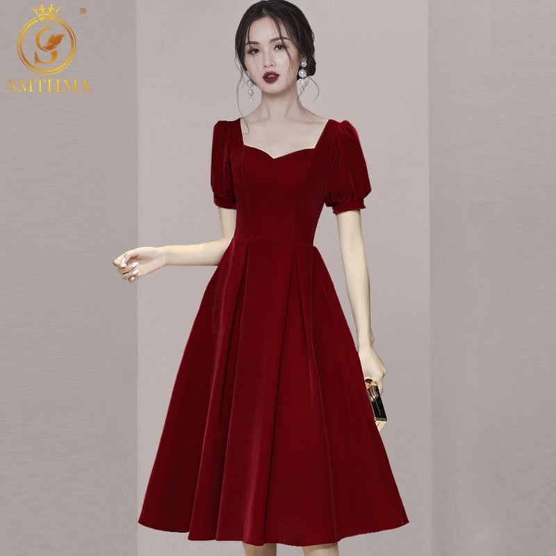 

Autumn And Winter Elegant Puff Sleeve Velvet Women Dresses Sexy V-Neck Slim Waist Mid-Length Female Vestidos 210520, Photo color