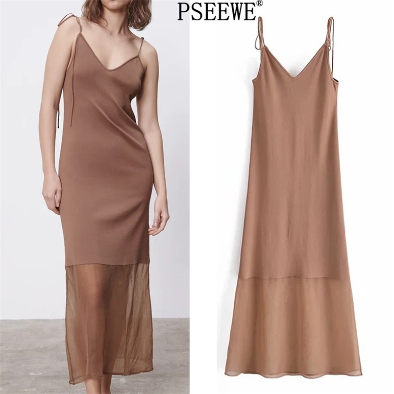 

Camisole Knitted Long Summer Dress Women Patchwork Sexy Backless Spaghetti Strap Woman Party es 210519, Khaki