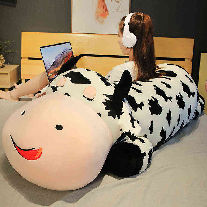 

80-120cm Giant Lying Cow Plush Pillow Soft Stuffed Animal Cattle Plush Toys for Children Kawaii Baby Doll Girls Birthday Gift AA220314, Black