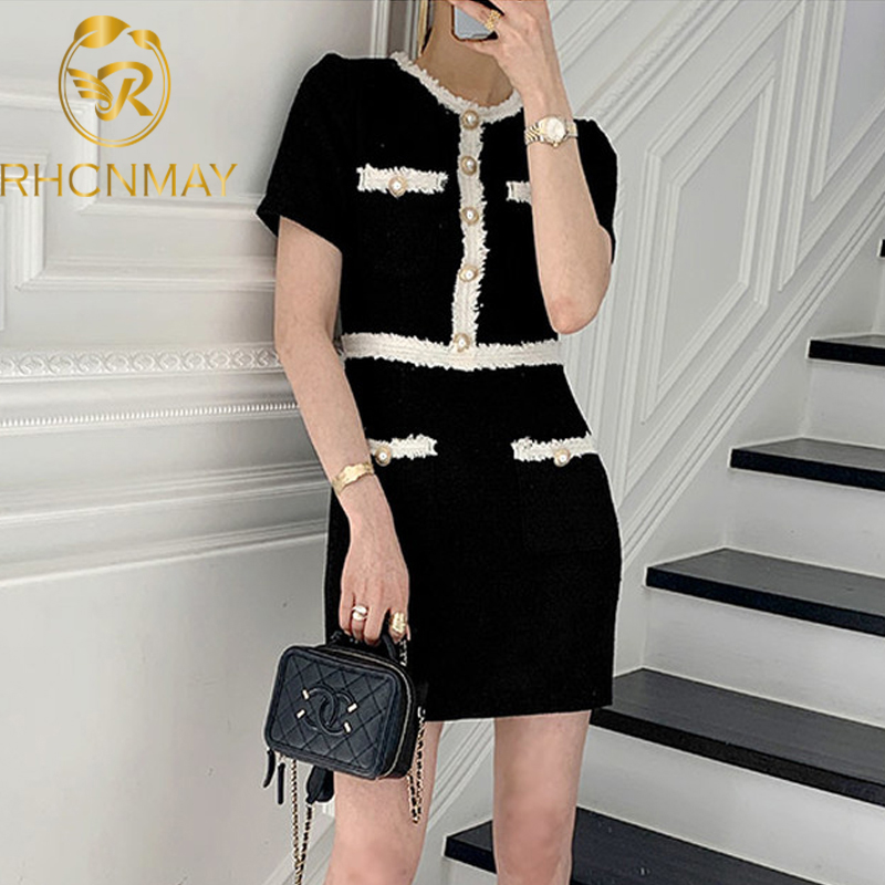 

2021 summer new small fragrance patchwork knitted dress elegant temperament womens waist slimming stitching dress pearl buttonswimwear bathi, Black;gray
