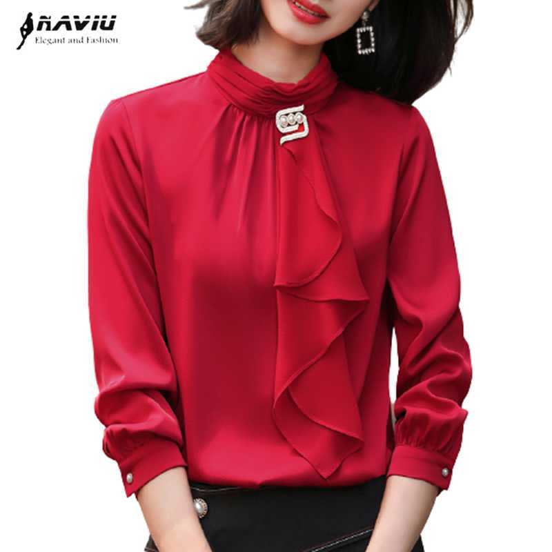 

Red Shirt Women Temperament Fashion Satin Chiffon Bow Long Sleeve Stand Collar Blouses Office Ladies Loose Casual Tops White 210604
