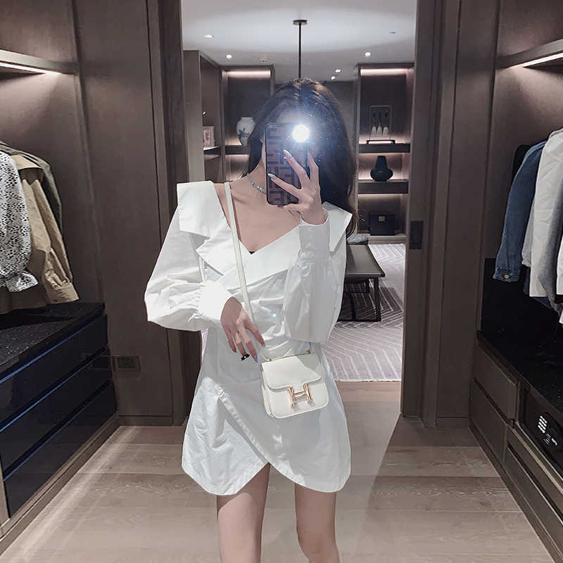 

French V-neck Shirt Dress Sexy Mini Women Designer Undefined Spring Clothing Ladies Puff Sleeve Elegant Party es 210604, Black dress