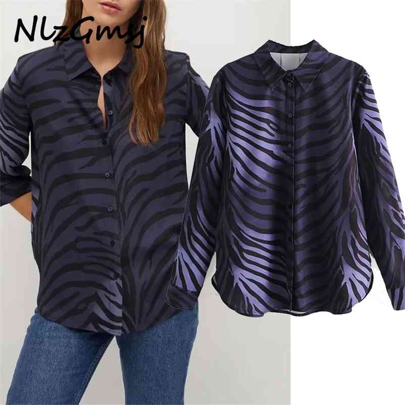 

Blouse Women Zebra Print Vintage Shirt Long Sleeve Lapel Collar Office Lady Top Female Button Fitted Shirts 210628, As picture