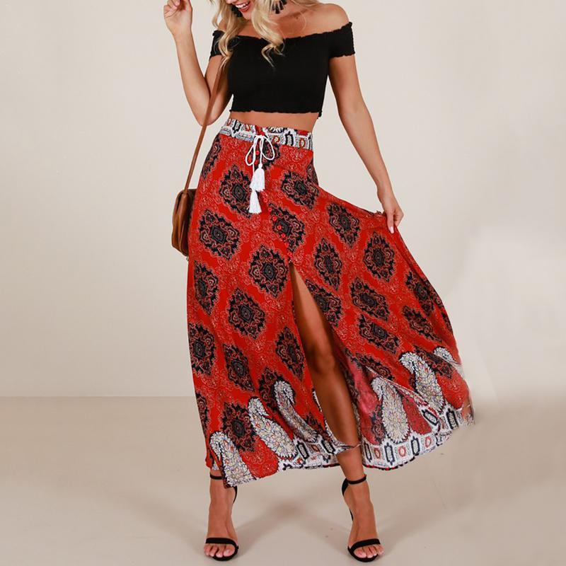 

Skirts Bohemia Print High Waist Long Maxi Women' Skirt Floral Beach Female Vintage Summer Drawstring, Red