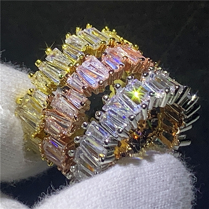 

Eternity ring 100%Real 925 Sterling silver Princess cut Diamond Engagement Wedding Band Rings for women Men Finger Party Jewelry