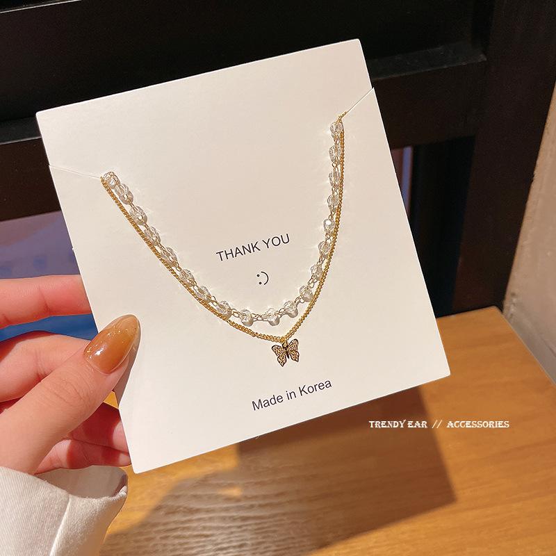 

Chokers Butterfly Crystal Double Layer Titanium Steel Necklace Female Ins Fashion Simple Temperament Clavicle Chain