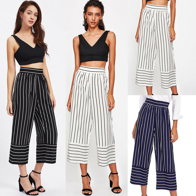 

New Women Fashion High Waist Wide Leg Pants Stripe Bell-bottom Trousers Cotton Fashion Summer Ankle-Length Pants, Black;white
