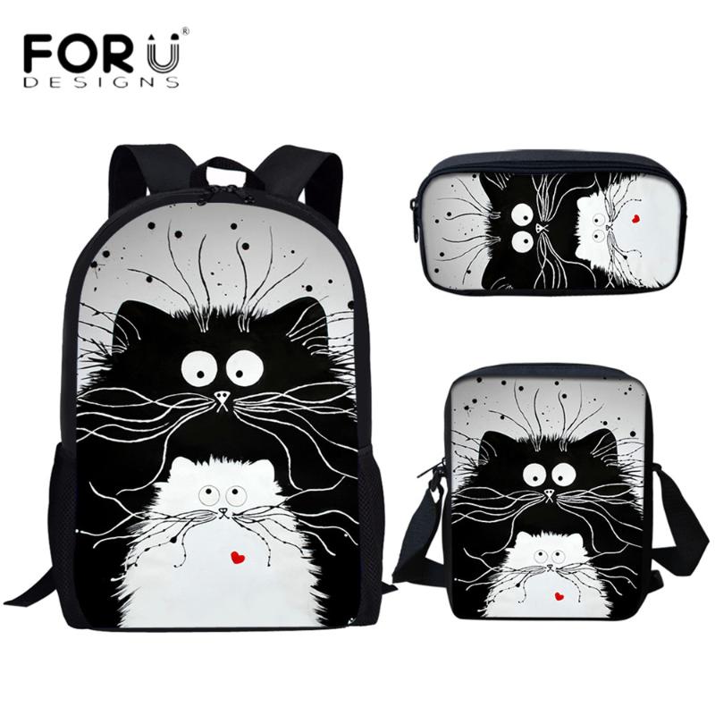 

Fashion 3pcs Set Scholl Bags For Teens Boys Girls Cute Black And White Cat Designs Print Student Backpack Mochila School