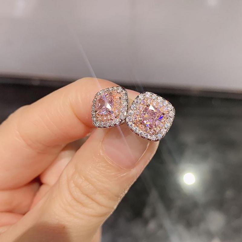 

Stud Romantic 925 Sterling Silver Pink Quartz Citrine Gemstone Earrings For Women High Carbon Diamond Party Jewelry Gift, Golden;silver