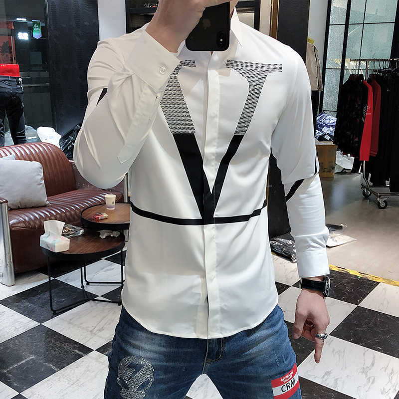 

Letter Shirts Men Long Sleeve Business Casual Dress Shirt Slim Streetwear Social Nightclub Chemise Homme 210721, White