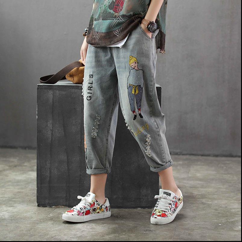 

korea fashion womens jeans spring women cartoon embroidery loose denim harem pants elastic waist vintage hole calf length d115, Blue