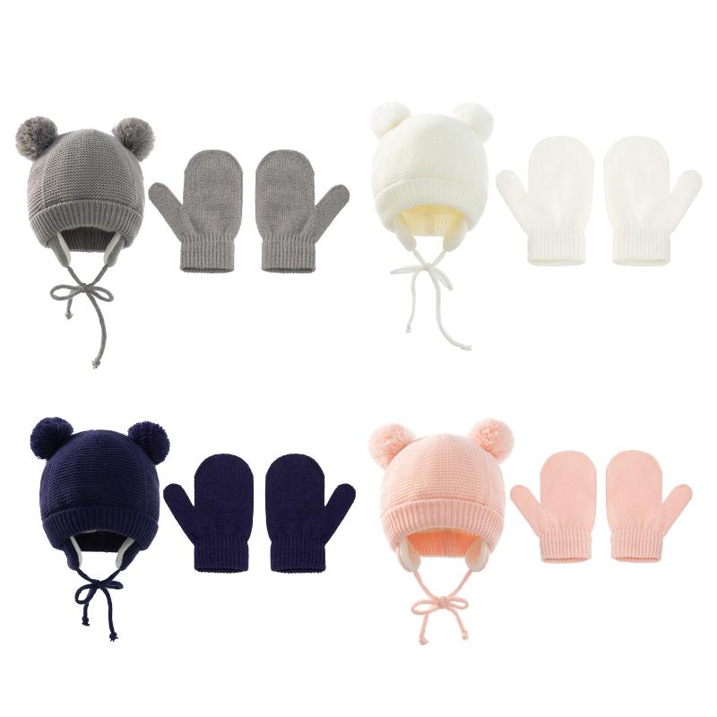 

Beanies Winter Hat For Baby Warm Knit Beanie Kids Cap Girls Boys And Gloves 2pcs Lovely With Hair Ball Accessories
