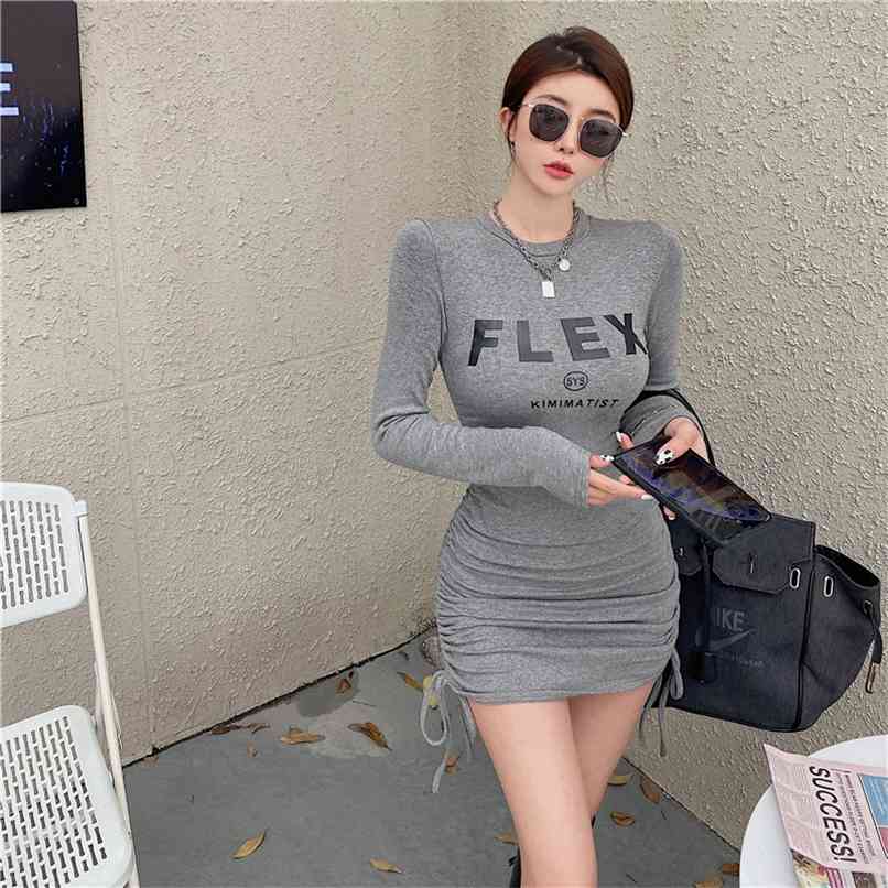 

Fashion women's dress autumn sexy slim pleated print bottoming 210520, Black