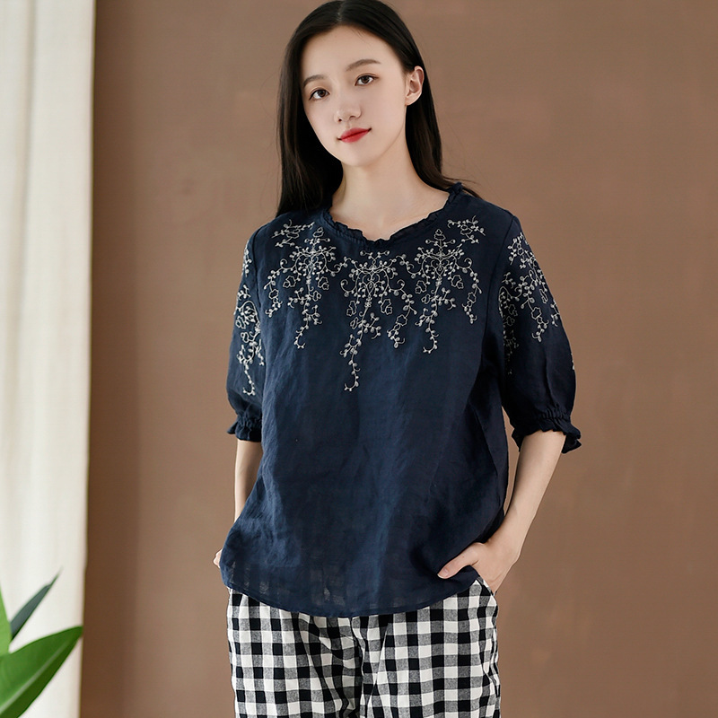 

Johnature Women Embroidery Floral T-Shirts Ramie Lantern Sleeve Summer Vintage Women Cloths Casual T-Shirts 210521, Navy blue