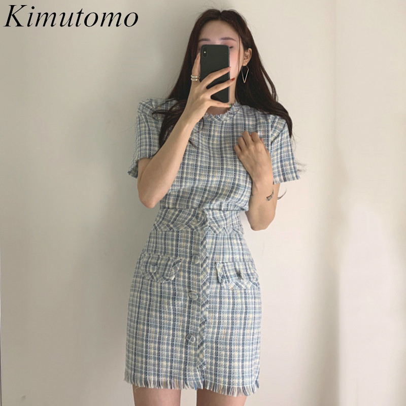 

Kimutomo Women Set Office Lady Chic Summer Short Pullover + Plaid Button Tassel Wild Skirts In Stock Two Piece Suit 210521, Blue