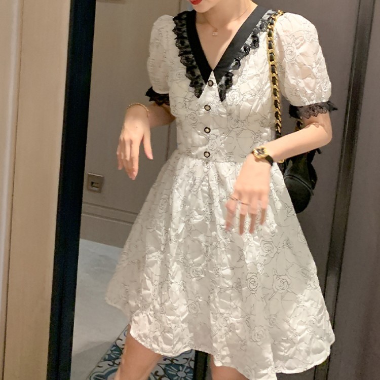 

Women Casual Floral Dresses Korean Summer Elegant Lace V-Neck Puff Sleeve Office Ladies Vintage A-Line Mini Dress Female 210518, Photo color