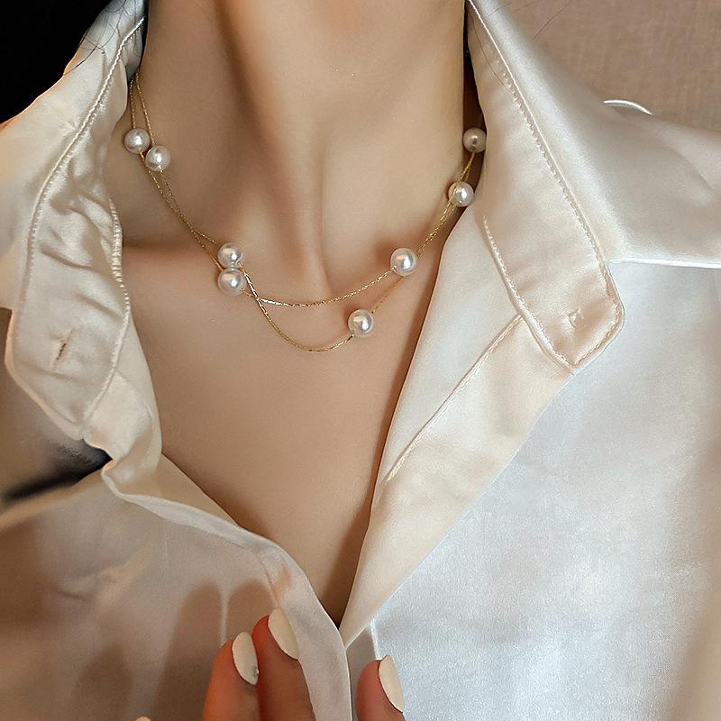 

Chokers 2021 Korean Fashion Jewelry Elegant Trendy Personalized Double-Layer Pearl Necklace For Women Sexy Clavicle Chain Accessories