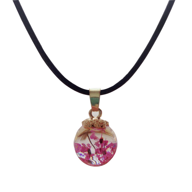 

Lovely Real Natural Dried Flowers Round Glass Leather Rope Pendant Necklaces