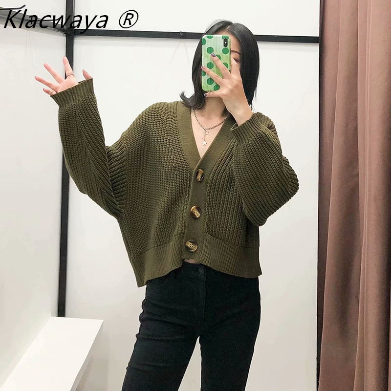 

Cardigan Sweater Pull Women Vintage Femme Green Long Sleeve Kardigan Cropped V Neck Oversized Truien Dames Retro Kobieta 210521, Armygreen