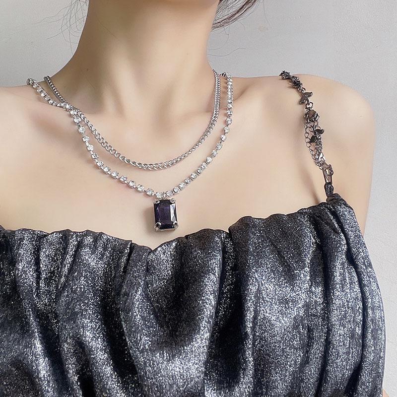 

Pendant Necklaces Origin Summer Hiphop Metal Double-Layer Geometric Square Necklace For Women Trendy Rhinestone Black Jewellery