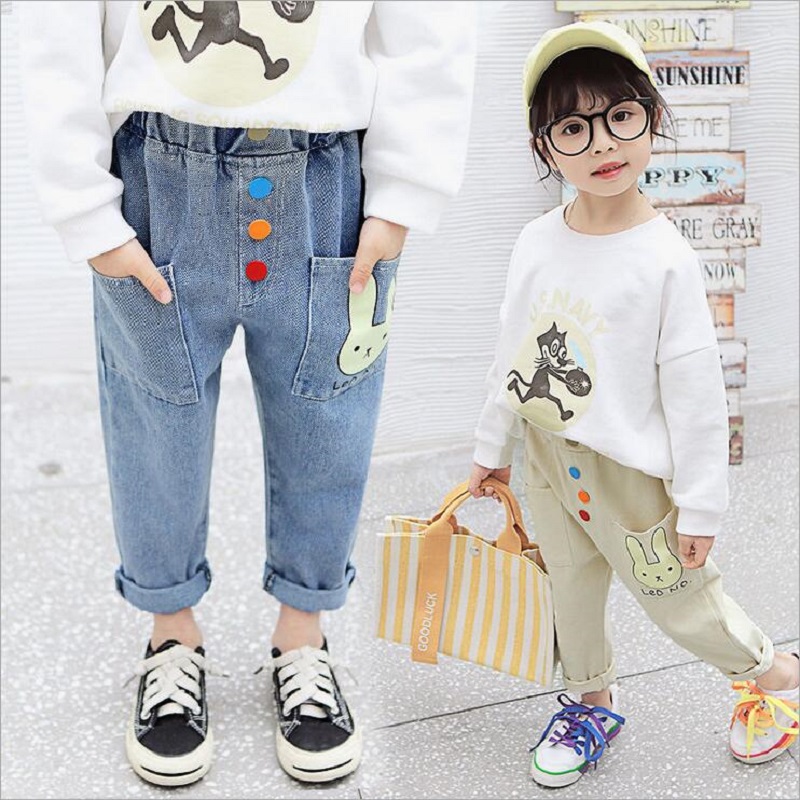 

2-7Years Kids Long Denim Pants Baby Jeans For Girls Spring Autumn Cartoon Jeans Baby Girl Casual Style Toddler Children Trousers, Rabbit blue