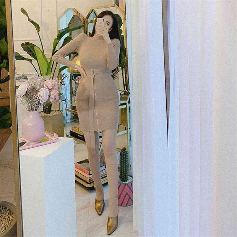 

Dress autumn and winter ladies slim slimming bottoming lace bag hip knit Office Lady Polyester Winter Sheath 210603, Camel