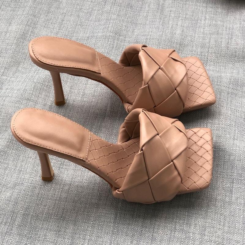 

Slippers 2022 Fashion Square Toe Weave High Heels Shoes Women Leather Luxury Designer Ladies Street Beach Sandals Slides, Black