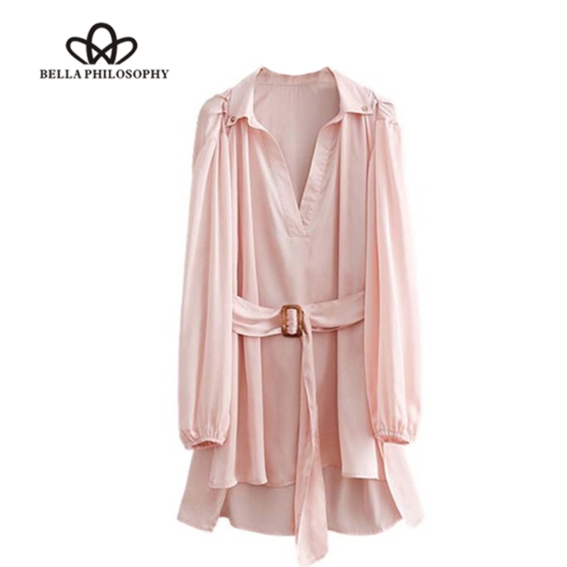 

women sweet pink loose long blouse bow tie sashes sleeve irregular split shirts female oversized top blusa 210519