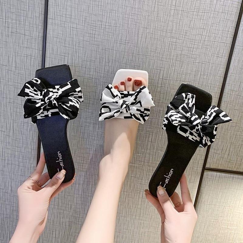 

Slippers Fashion Sandals And For Women's Outer Wear 2021 Summer Bow-knot Square-toe Flat-bottom, White