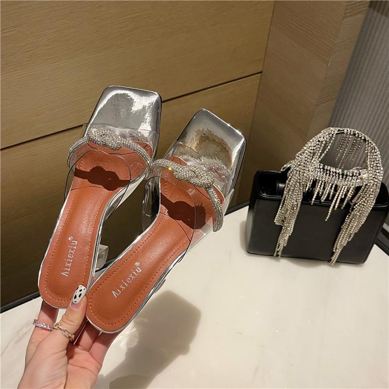 

Slippers Shoes Woman 2021 Thin Heels Summer Luxury Slides Pantofle Heeled Mules Low Designer Transparent High PU Rubber Rome