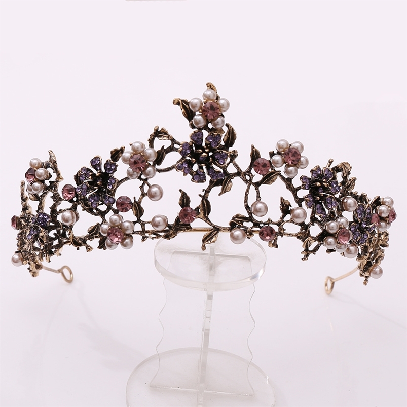 

Baroque Vintage Black Purple Crystal Pearls Bridal Tiaras Crown Pageant Diadem Veil Tiara Wedding Hair Accessories 210701