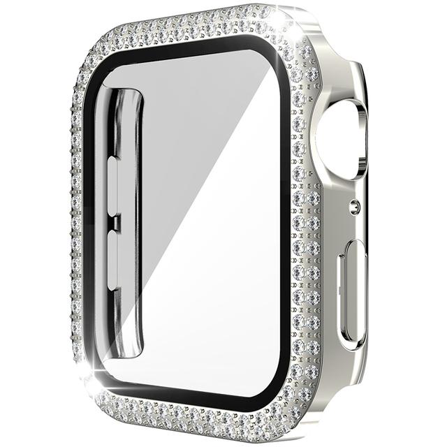 

Tempered Glass Watch Case Cover For Apple iWatch Protective Bumper Screen Protector Shell Pc Double Diamond Rhinestone Suitable Cover 40mm 42mm 44mm 41mm 45mm 49mm, Transparent