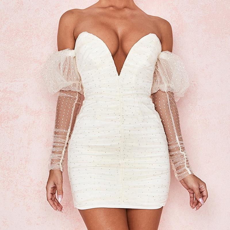 

Casual Dresses Summer Women White Bodycon Bandage Dress Sexy V-Neck Full Sleeve Off The Shoulder Designer Fashion Evening Party Vestido