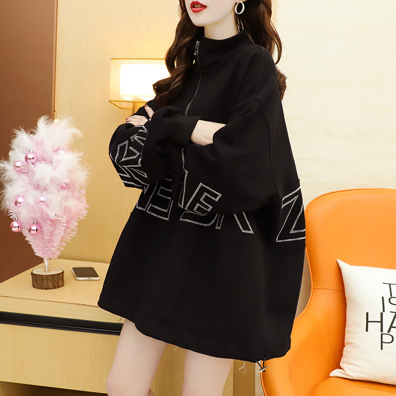 

large size women's high neck sweater medium length 2021 autumn winter new fashion fat mm loose korean coat, Blue;black