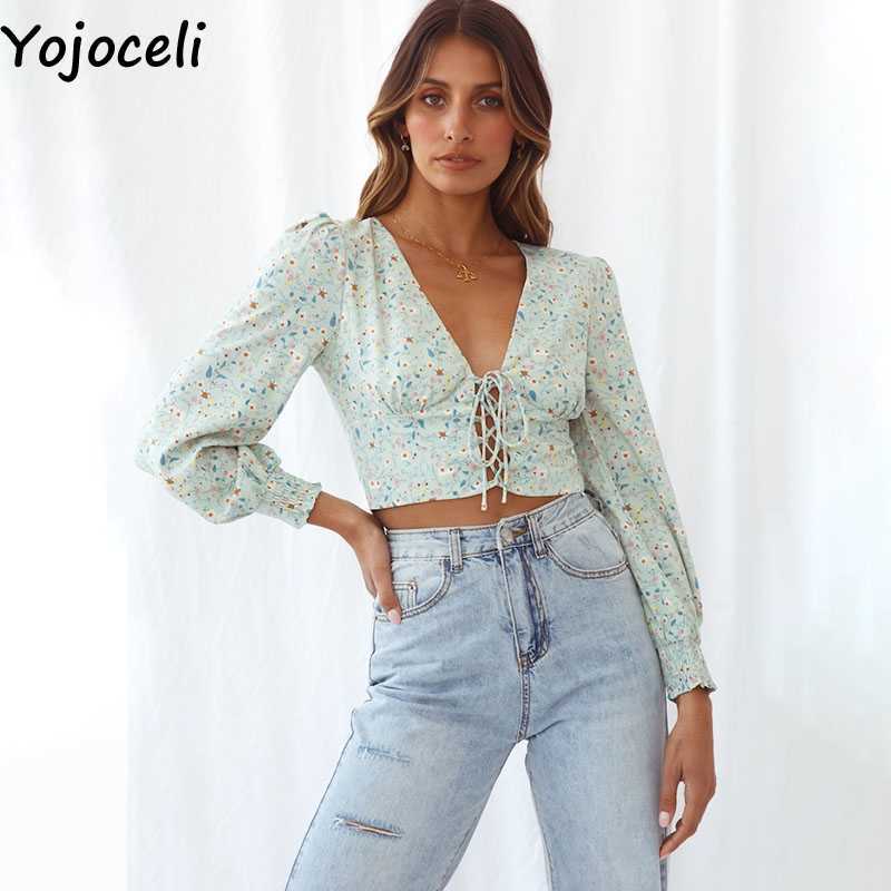

Yojoceli Elegant lace up short women blouse Spring floral print casual blusas female Sexy shirred fitness tops 210609, Green