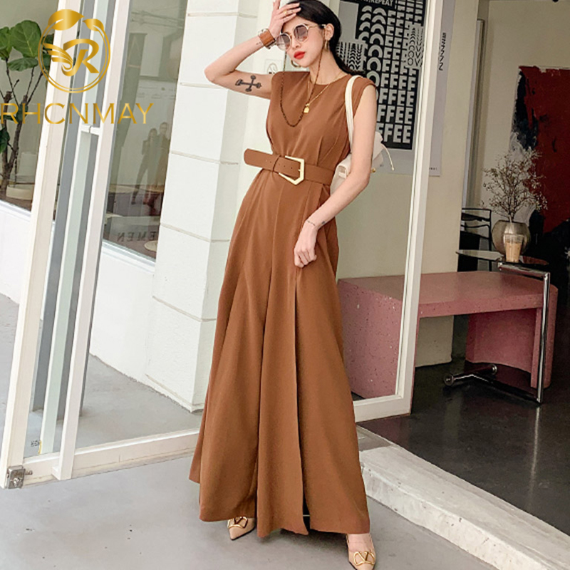 

New Summer Office Ladies Jumpsuits Bussines Sleeveless O Neck Sashes Overalls Formal Work Wide -Leg Rompers Jumpsuit with Belt, Brown