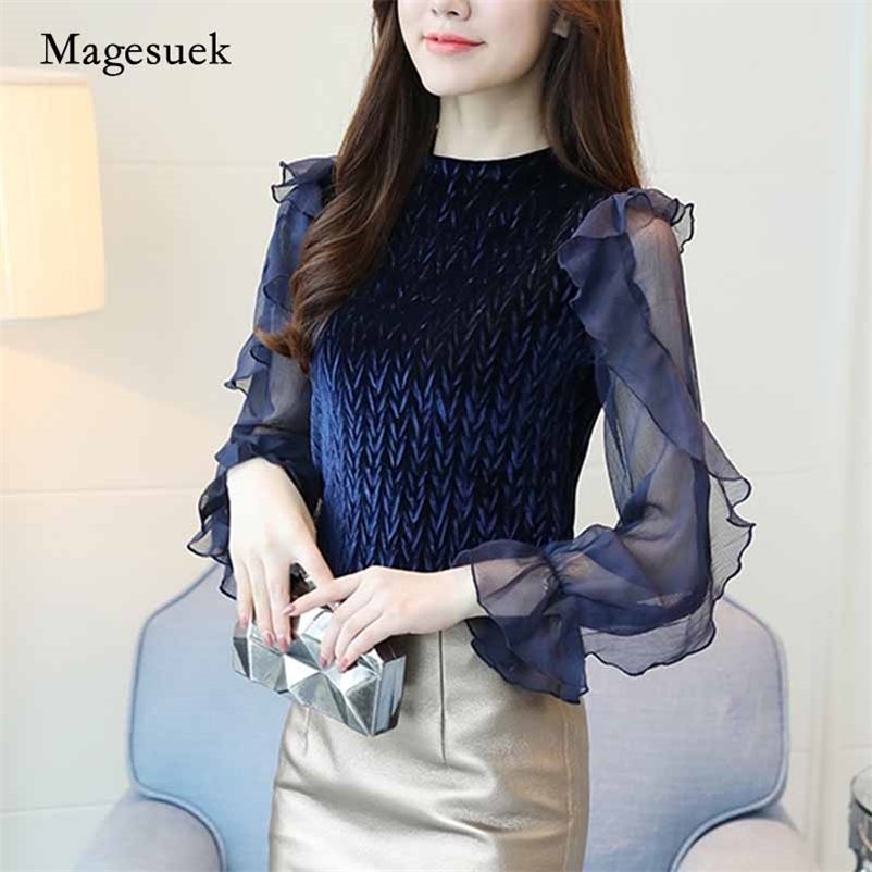

Spring Office Lady Women' Blouse O-Neck Shirt Fashion Long Mesh Sleeves Ladies Pullover Chiffon Clothing D282 210518, Blue