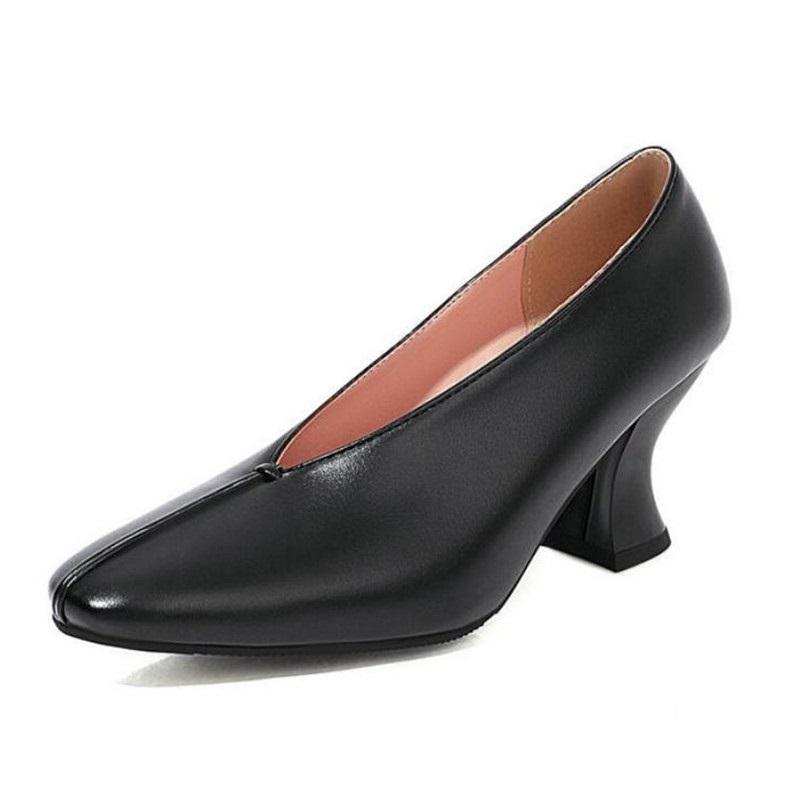 

Square Toe V-Mouth High Heels Women's Pumps Thick Heel Shoes Soft Leather Comfort Women Casual Female Shallow Slip On Dress, Black