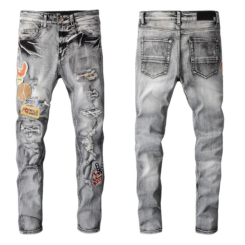 

European High-Street Mens Jeans Fashion Brand High Quality Ripped Holes Jean Washed Retro Torn Fold Stitching Men Designer Motorcycle Slim Fit Denim Pants, Black #649