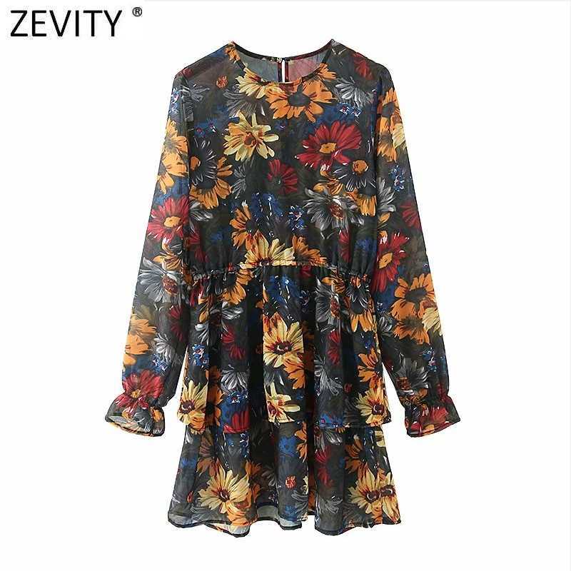 

Zevity Women Fashion O Neck Flower Print Double Layer Ruffles Mini Dress Female Chic Party Vestido Long Sleeve Cloth DS4970 210603, As pic ds4970gl