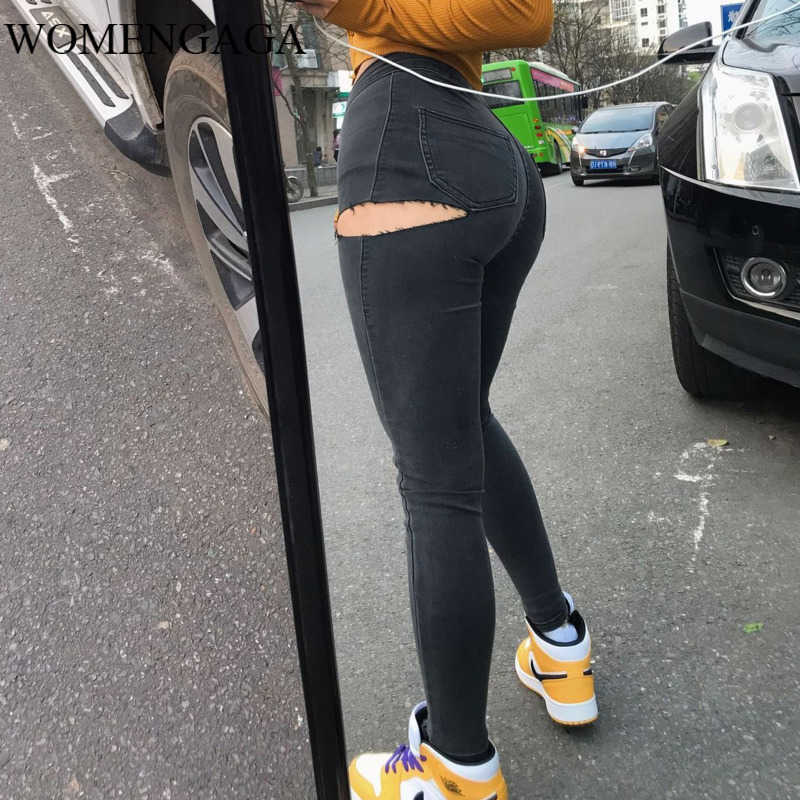 

WOMENGAGA Autumn Jeans Cotton Denim Pencil Pants Trousers Winter Europe Sexy Hole Super Elastic High Waist Skinny W5UK 210603, Right leg black
