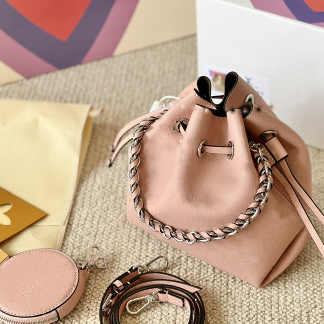 2 en 1 Mode Design Femmes Sac de godet perforé Veau Cuir Veau Cuir Porte-épaules Sacs à bandoulière Silver Chaîne Sacre Sac à main